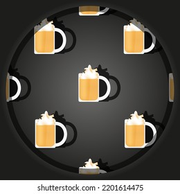 Pattern with pumpkin latte in a transparent glass mug with whipped cream on a stylish black background. Background with an invigorating and tonic drink. Set with mugs of light beer with foam.
