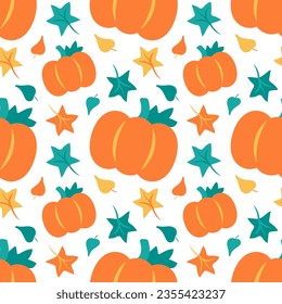 Pattern Pumpkin with Leaves on a white background. Autumn print with maple and oak leaves and Harvest. Vivid colors are orange, green and yellow. Flat design. Vector illustration.