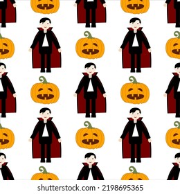 Pattern of pumpkin and vampire on light background. Vector isolated image for web design or textiles