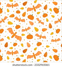 Pattern with pumpkins, autumn leaves and bats, autumn pattern