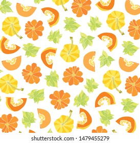 Pattern of pumpkins and autumn leaves on a white background