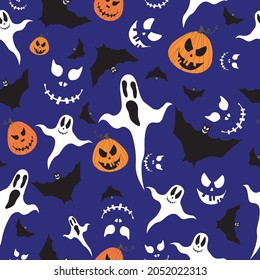 A pattern of pumpkins, bats, Halloween ghosts.For fabrics, for printing brochures, posters, parties, vintage textile design, postcards, packaging.