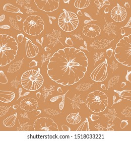 pattern pumpkins, berries, leaves, acorns, white outline, on an orange background vector illustration for design and decoration