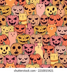 Pattern with pumpkins and cats. Pattern with Jack o'lanterns and cats for Halloween. Background for clothes, wallpaper, decor for Halloween.