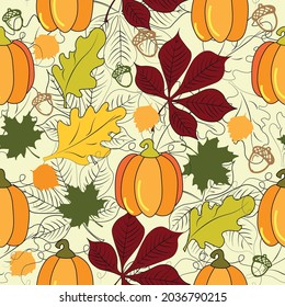 pattern with pumpkins and colored autumn leaves