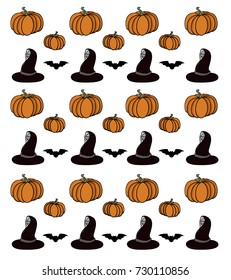 a pattern of pumpkins of different shapes, witch hats, the bat on a white background 