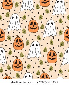 A pattern of pumpkins and ghosts on a light pink background.