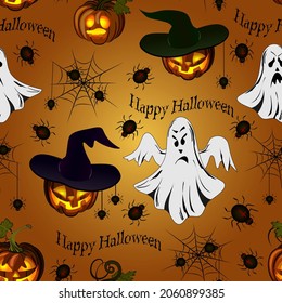 Pattern with pumpkins and ghosts.Scary ghosts and laughing pumpkins in a vector pattern with spiders.