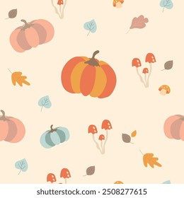 Сute pattern with pumpkins, leaves and mushrooms, autumn seamless textile print, harvest festival