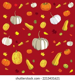 Pattern of pumpkins and leaves. Vector illustration