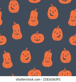Pattern pumpkins  Main symbol Halloween  Orange pumpkin and various funny faces  Template for your design  Hand drawn trendy vector seamless pattern  Square background  wallpaper