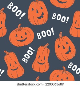 Pattern pumpkins. Main symbol of Halloween. Orange pumpkin with various funny faces. Template for your design. Hand drawn trendy vector seamless pattern. Square background, wallpaper