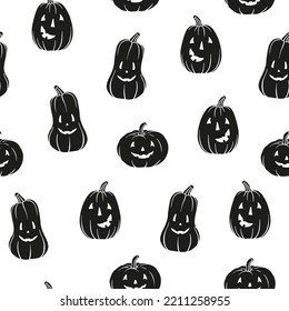 Pattern pumpkins. Main symbol of Halloween. Black pumpkin with various funny faces. Template for your design. Hand drawn trendy vector seamless pattern. Square background, wallpaper