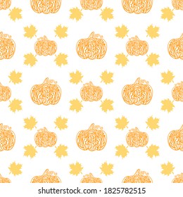 Ein Muster von Kürbissen und Ahornblättern. Erntedanktag. Vektornahtlose Textur. Doodle-Stil. Herbstsymbole. Für Stoff, Dekorpapier, Einladungen, Textilien.