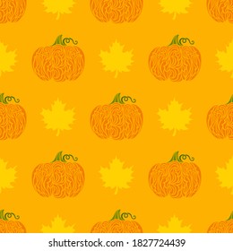 A pattern of pumpkins and maple leaves. Thanksgiving Day. Vector seamless texture. Doodle style. Autumn symbols. For fabric, decorative paper, invitations, textiles.
