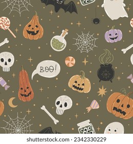 Pattern with pumpkins, potion, bowler hat and Halloween candies. Seamless pattern for paper or fabric