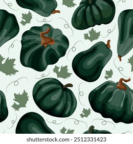 pattern with pumpkins of a round long and convex shape of dark green color and pumpkin leaves on a light background, vector