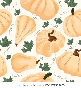 pattern with pumpkins of a round long and convex shape of light color and pumpkin leaves on a light background, vector