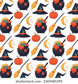 Pattern with pumpkins, witch's cauldron, moon and broom on a white background in flat style. Patter for holiday decoration, packaging, textile or background. Witch, Halloween, mysticism.