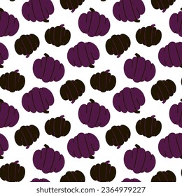 A pattern with purple and black pumpkins on a white background. Modern abstract seamless pumpkin pattern. Texture of dark pumpkins for Halloween, autumn theme. Mystical, festive dark ornament. Rot