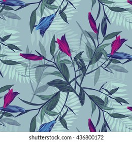 
pattern with purple and blue buds of lilies . beautiful sleek texture for textiles , garments , scarves or wallpaper . vector