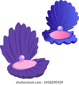 Pattern of purple and blue open sea shells with pearls inside. Vector illustration ordinary sea shell carved on transparent background personify safety, security and maternal care