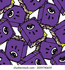 un patrón de un libro morado con un ojo. patrón impecable de un libro de brujas dibujado a mano, a menudo localizado en un fondo blanco. color púrpura con hebilla amarilla sobre fondo blanco para el diseño 
