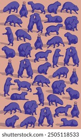 Pattern with purple capybaras in various poses on a peach background. Vector image.