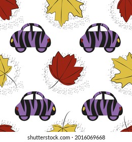 Pattern with purple cars on a light background with yellow and red leaves. With a funny zebra pattern. Vector trendy background. Handmade. Ideal for fabric, textile, decoration, wrapping paper, clothi