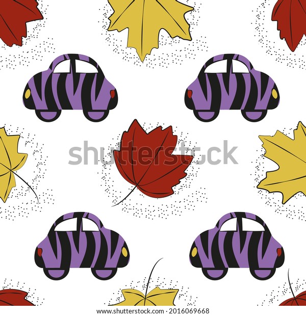 Pattern with purple cars on a light background\
with yellow and red leaves. With a funny zebra pattern. Vector\
trendy background. Handmade. Ideal for fabric, textile, decoration,\
wrapping paper, clothi