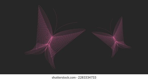 Pattern of purple curved lines forming butterflies isolated on black. Waves, patterns, butterflies, abstract