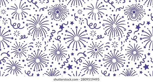 A pattern of purple fireworks and confetti on a white background