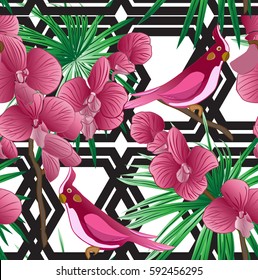 Pattern with a purple flower, parrot, green leaves and geometric background black and white