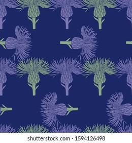 Pattern of purple and green silhouettes of flowers of burdock on a dark blue background. Background of individual buds arranged horizontally and vertically. Seamless pattern, suitable for textiles and