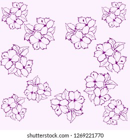 pattern of purple hand drawn hibiscus flower on pink background. colorful botanic vector illustration 