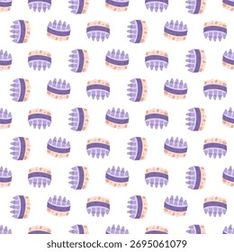 Patrón de jabón hecho a mano púrpura con lufa y efecto de masaje. Ilustración plana textura sin fisuras. Ilustración brillante. cosméticos ecológicos, spa, bienestar, embalaje, presentación