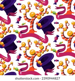 A pattern with a purple hat with a candy texture. The world of the candy maker. The chocolate factory. Hat, tree with caramels, chocolates, ribbon on a white background