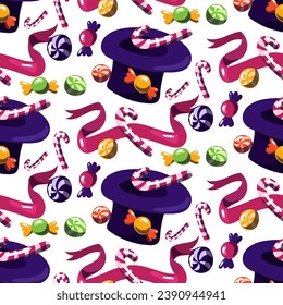 Pattern with a purple hat with a candy pattern. The world of the creator of sweets. A hat from which chocolate and caramel candies fly out, round, a cane, a ribbon on a white background. Print Repeat