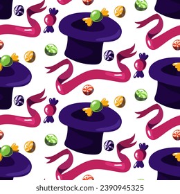 A pattern with a purple hat with a candy pattern. The world of the creator of sweets. A hat from which chocolate and caramel candies fly out, a ribbon on a white background. Printing packaging