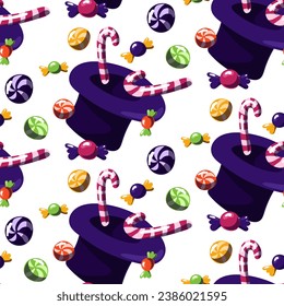 Pattern with a purple hat with sweets. The world of the creator of sweets W. The chocolate factory. Various candies fly out of the hat on a white background. Seamless lollipops, lollipops. Fantastic