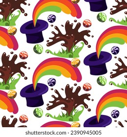 Pattern with a purple hat with sweets. The world of the creator of sweets. Volcano of chocolate from the ground, grass, colorful candies, ribbon on a white background. Caramel Lollipops are Fantastic