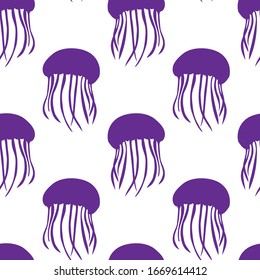 Pattern of purple jellyfish on a white background. Separate abstract elements. Seamless pattern in a marine style.