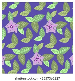 pattern with purple leaves and flowers on a blue background