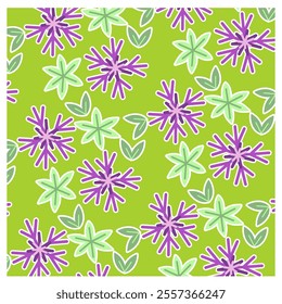 pattern with purple leaves and flowers on acid green background