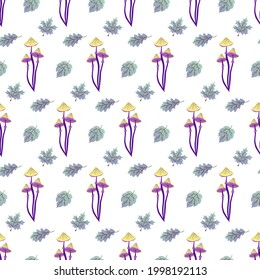 Pattern with purple mushrooms and blue leaves. Vector illustration isolated on white background. For packaging, prints, fabrics, shops, markets, tailor shops, covers, brochures and other decor.