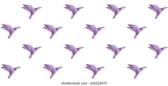 Pattern with purple origami birds on the white background