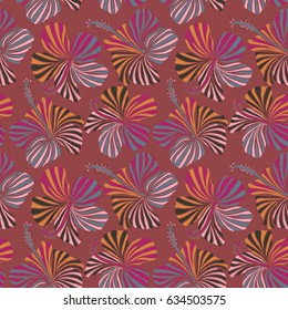 Pattern in purple, pink and red colors with tropic summertime motif may be used as texture, wrapping, textile design. Vector seamless pattern of tropical hibiscus flowers, dense jungle. Hand painted.