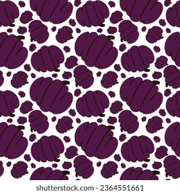 A pattern with purple pumpkins on a white background. Modern abstract seamless pumpkin pattern. Purple-black pumpkin texture for Halloween, autumn theme. Mystical, festive dark ornament