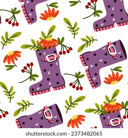 Pattern with purple rubber boots and a bouquet of autumn leaves and berries on a white background. Vector flat bright texture with autumn motifs. Cute cartoon illustration printing on textiles, paper