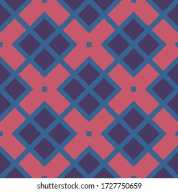 Patrón de cuadrados púrpura y cruces rosadas sucias en fondo azul transparente.